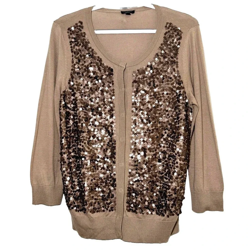 Talbots Women’s M Taupe Brown Sequin Front Cardigan Cotton Rayon Sweater Snap